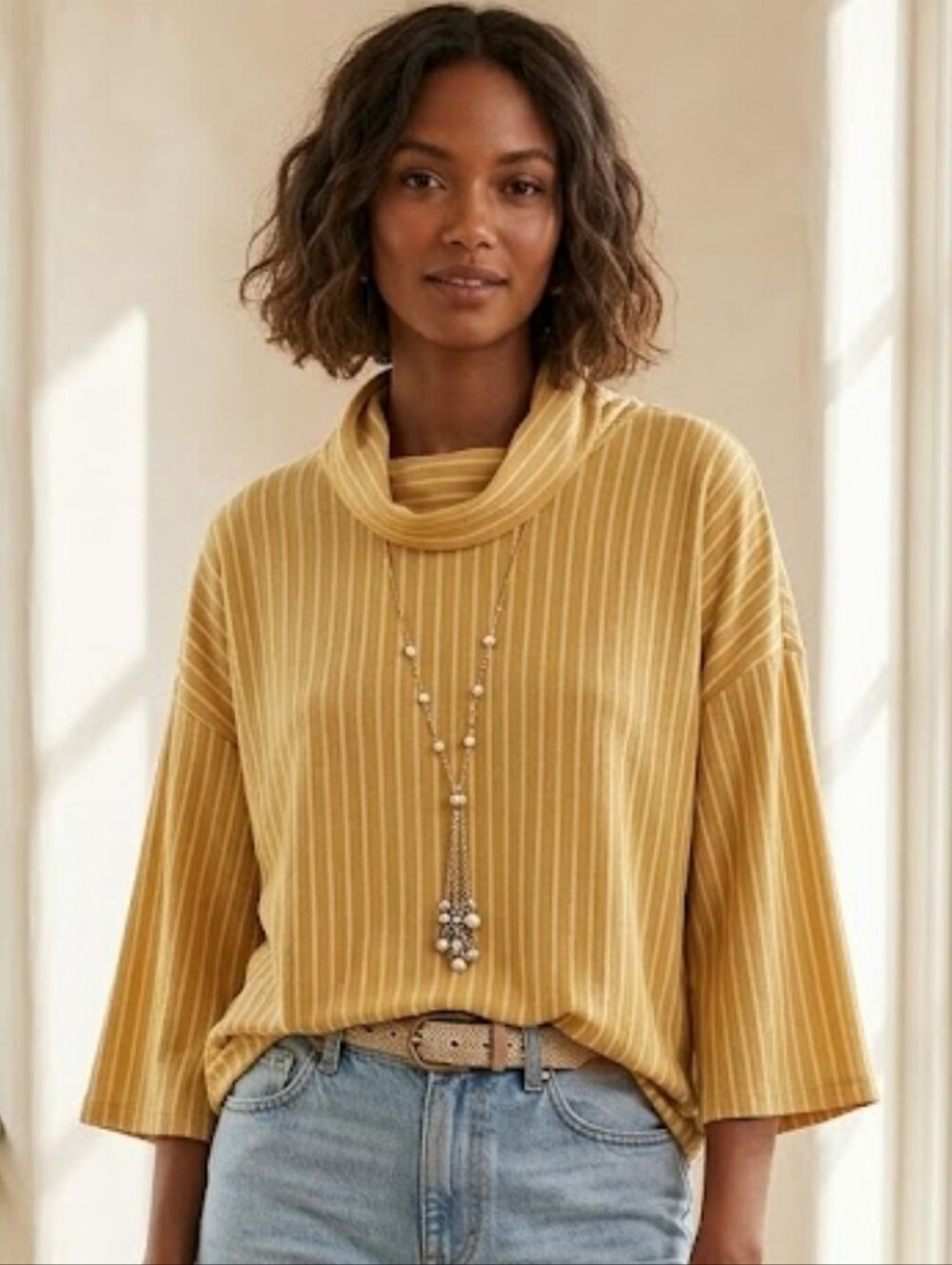 WHO WEAR WHAT WHEN WHERE W5 Yellow Stripe Bell Sleeve Knit Top NWT